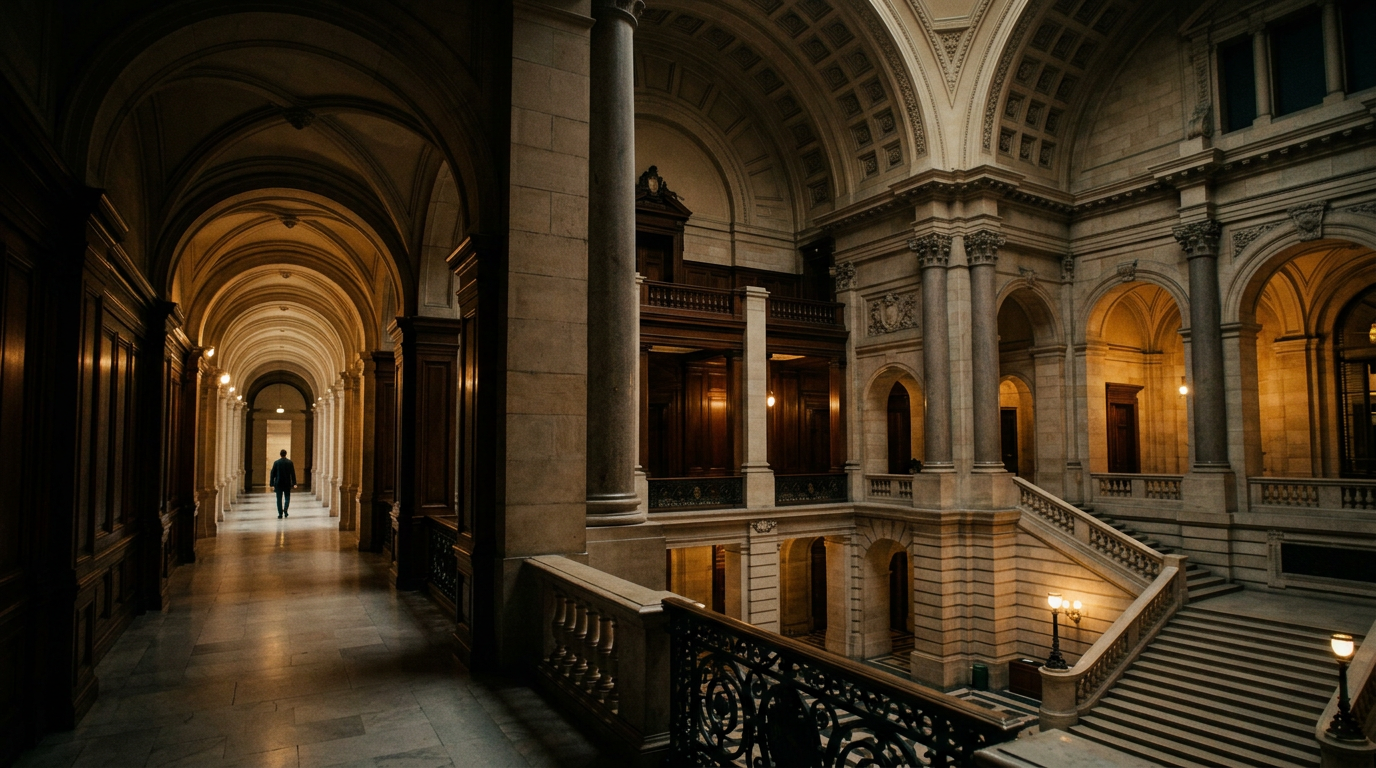 European institutional building interior at dusk